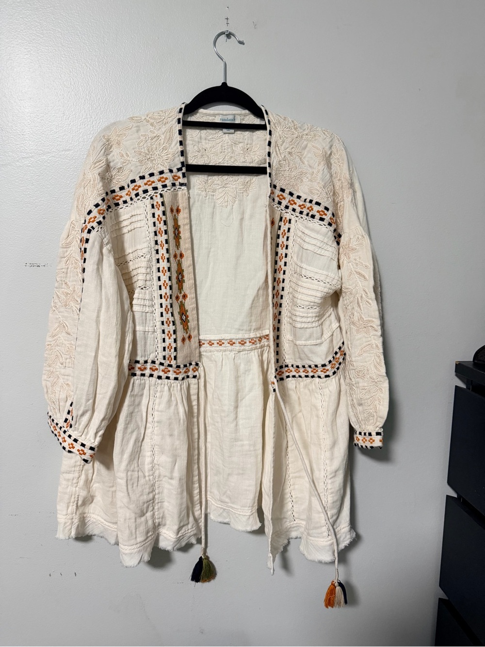 Sundance Cream Embroidered Open Cardigan with Orange & Black Accents